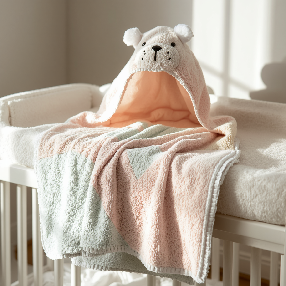 Hooded baby towel (ultra-soft cotton) + Soft washcloths (x4) + Baby nail clippers with safety guard