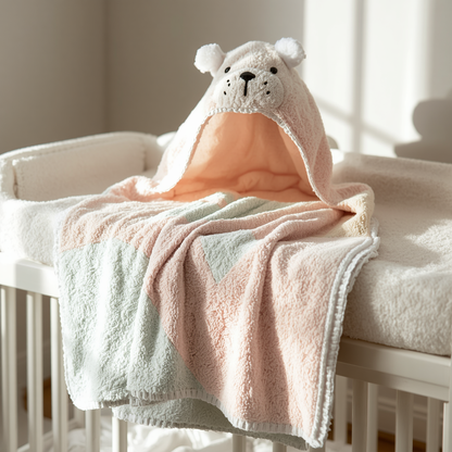 Hooded baby towel (ultra-soft cotton) + Soft washcloths (x4) + Baby nail clippers with safety guard