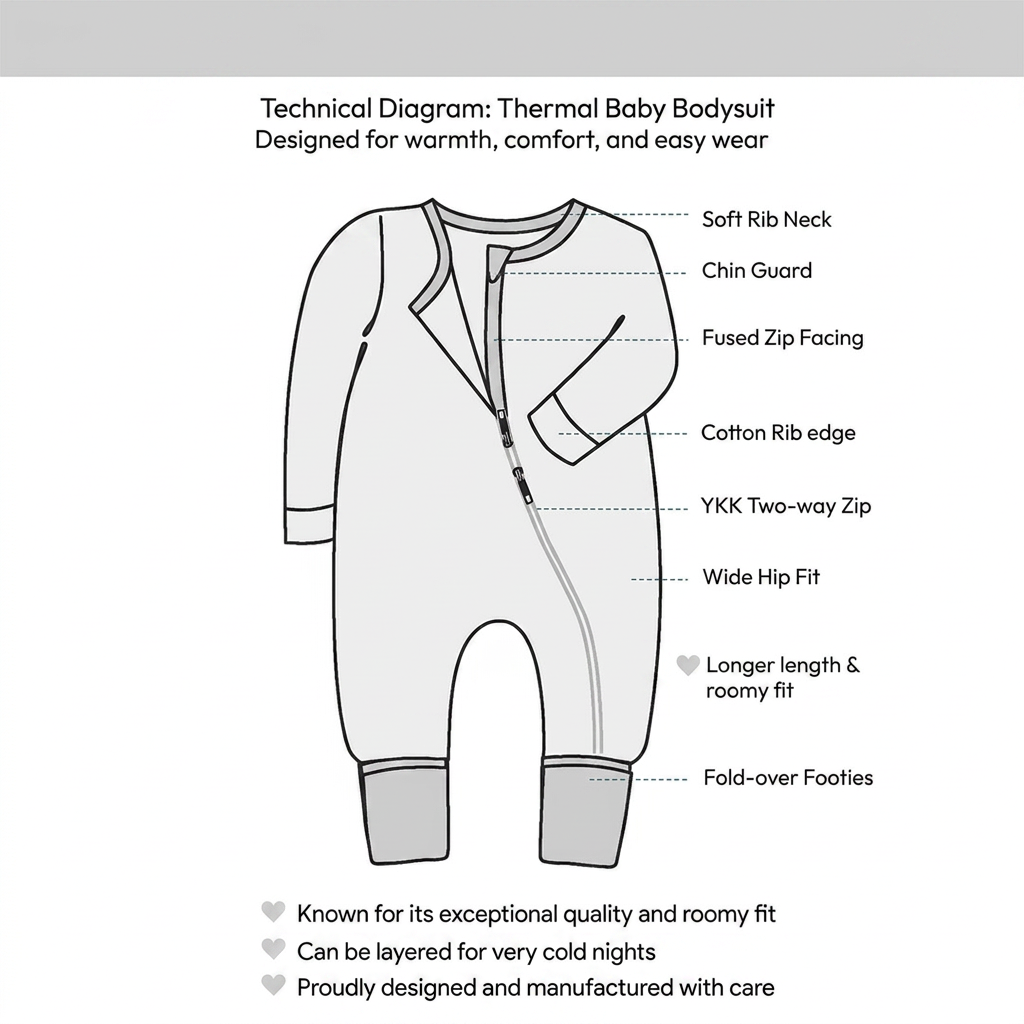 Thermal sleepsuit (fleece-lined) + Cosy baby socks (x3 pairs) + Scratch-proof mittens + Soft knit beanie + Warm cotton vests (x2)